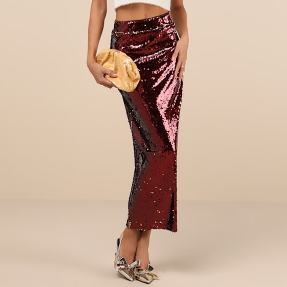 Lulus Dazzling Appearance Burgundy Sequin High-rise Midi Skirt Red - Size XXL - Picture 1 of 1